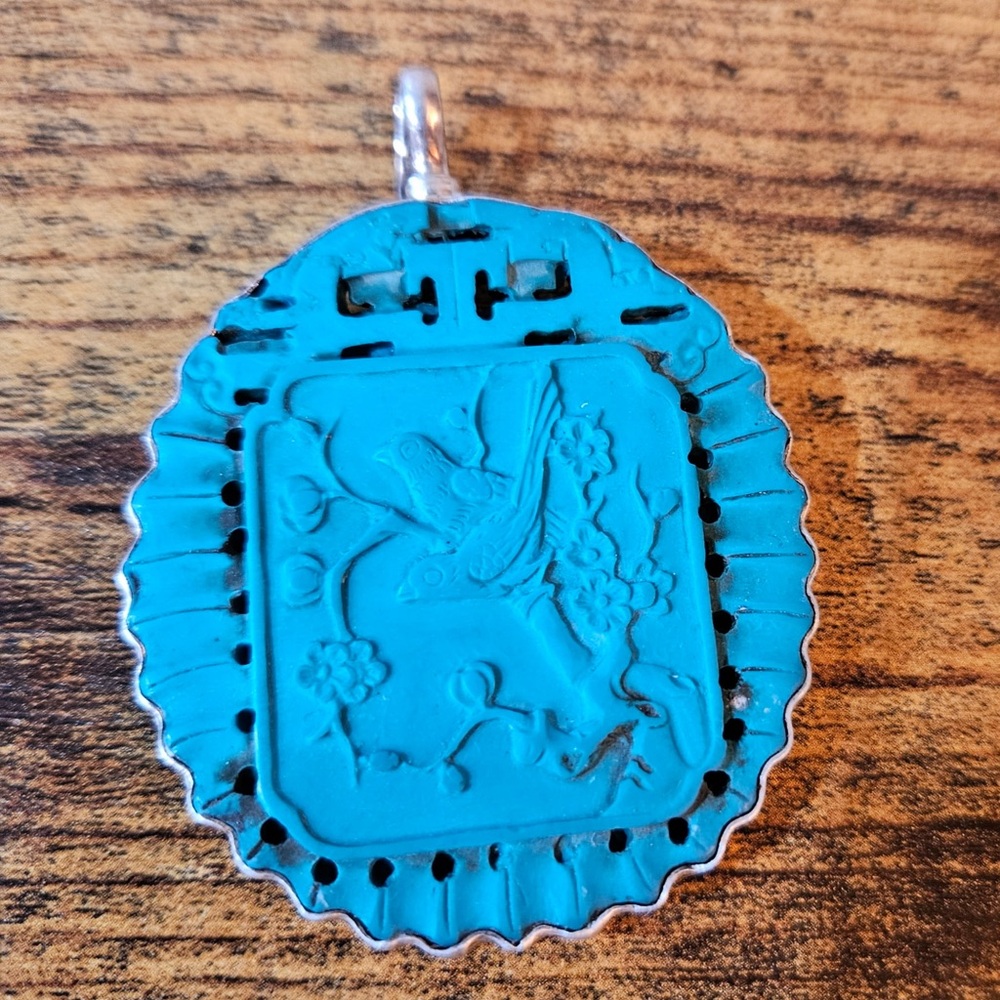 Turquoise Carved Bird Pendant Sterling Silver Quemilagro 925 by Coreen Cordova